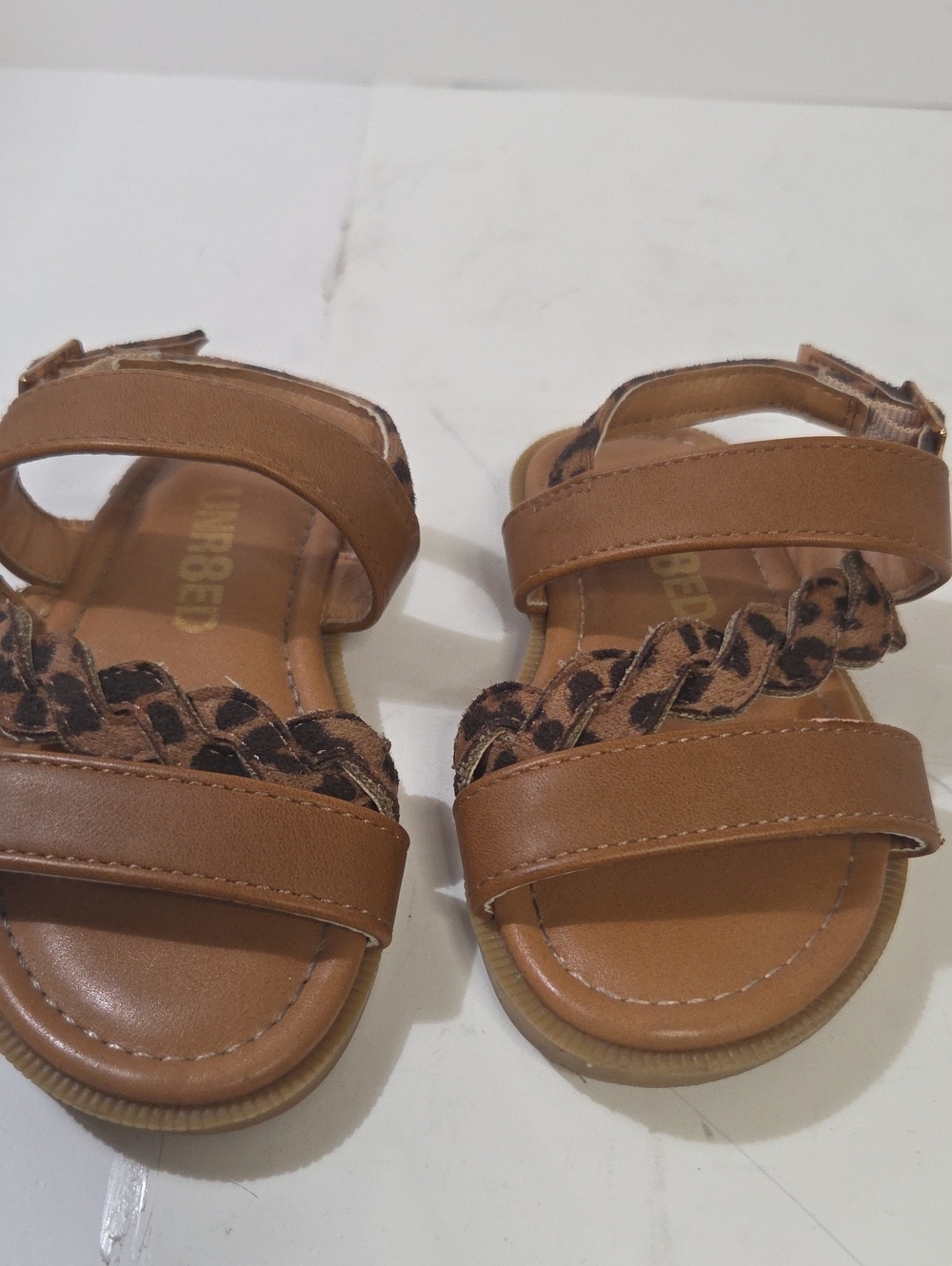 Girls' Tan Leopard-Accent Sandals - Kids Size 5